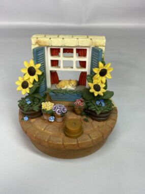 Our America Orange Cat In Window With Flowers Candle Topper 3 Inch Stopper